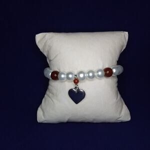 Faux Pearl Stretch Bracelet with Silver Heart Charm Red Glass Beads Gift Love